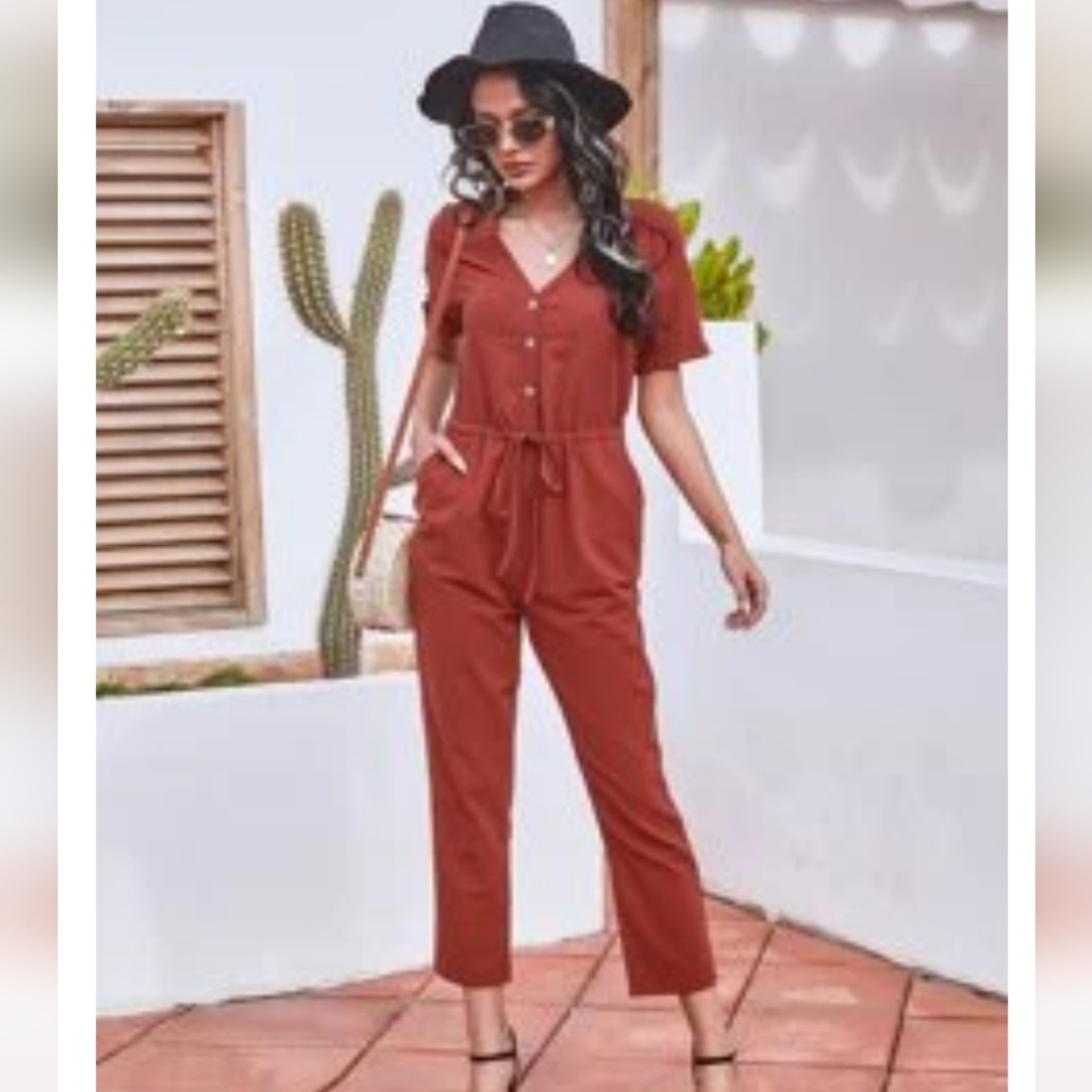 Shein Button Front Knot Cropped Jumpsuit